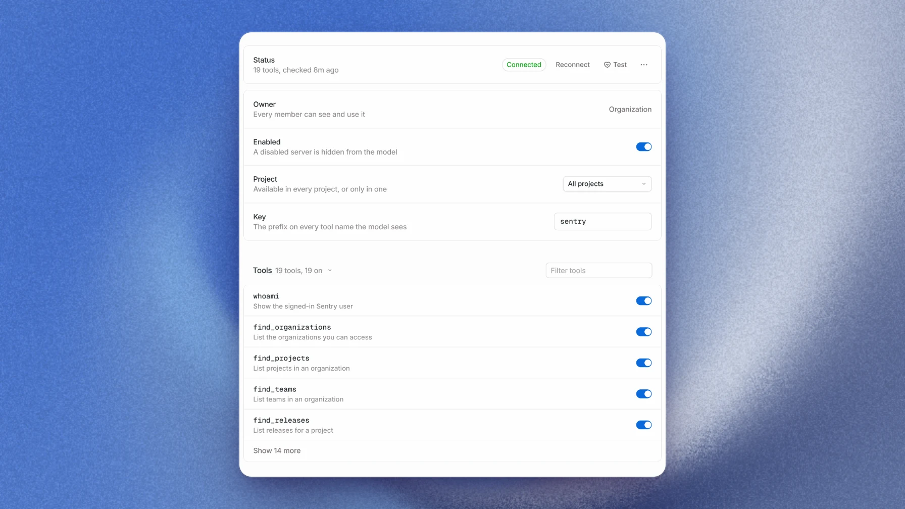 An MCP server page with its status, settings, and tools