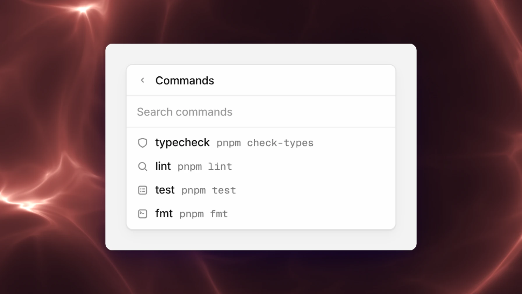 The Commands menu listing the setup entries typecheck, lint, test, and fmt
