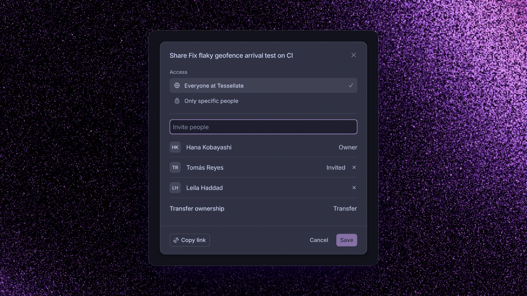 The Share dialog with members, an invite, and Transfer ownership