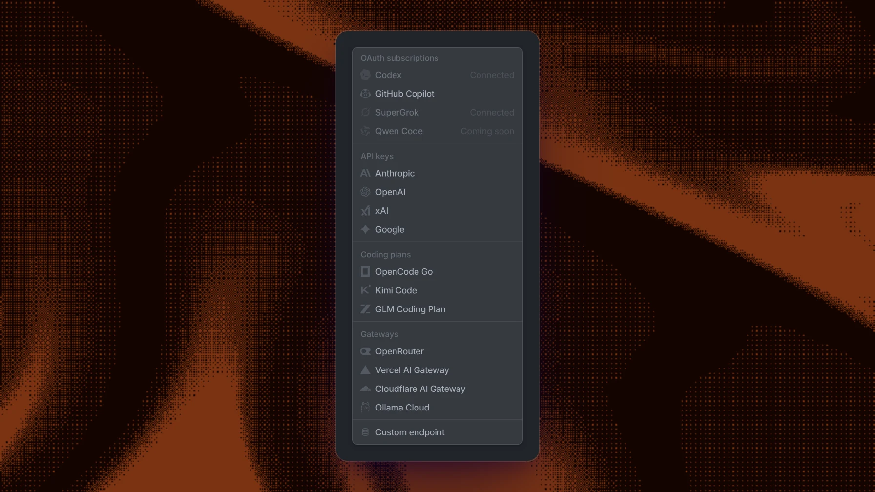 The Add connection menu with API keys, coding plans, and gateways