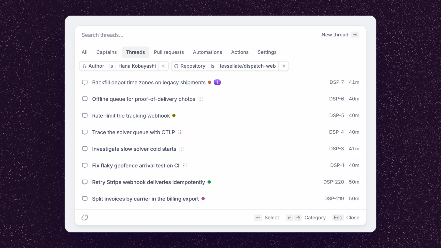 The command menu with the Threads pill and author and repository filters