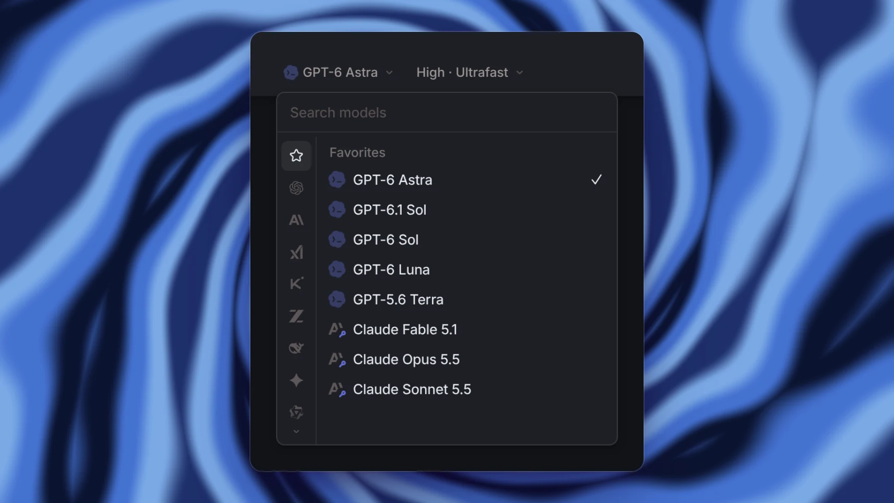 The model picker with GPT-6 Astra on Ultrafast, GPT-6.1 Sol, and Claude Opus 5.5 and Sonnet 5.5