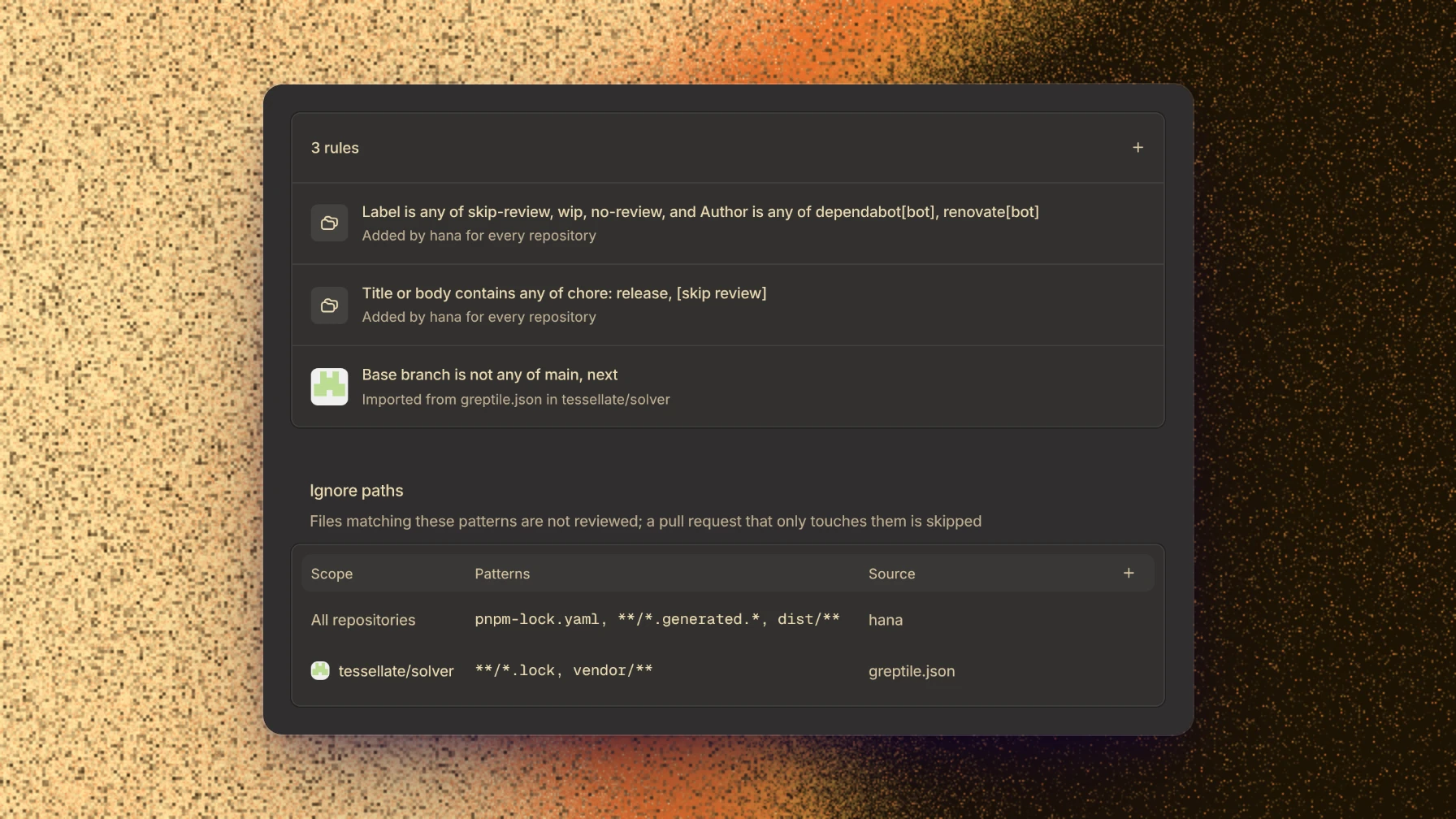 Review filters with rules and ignored paths