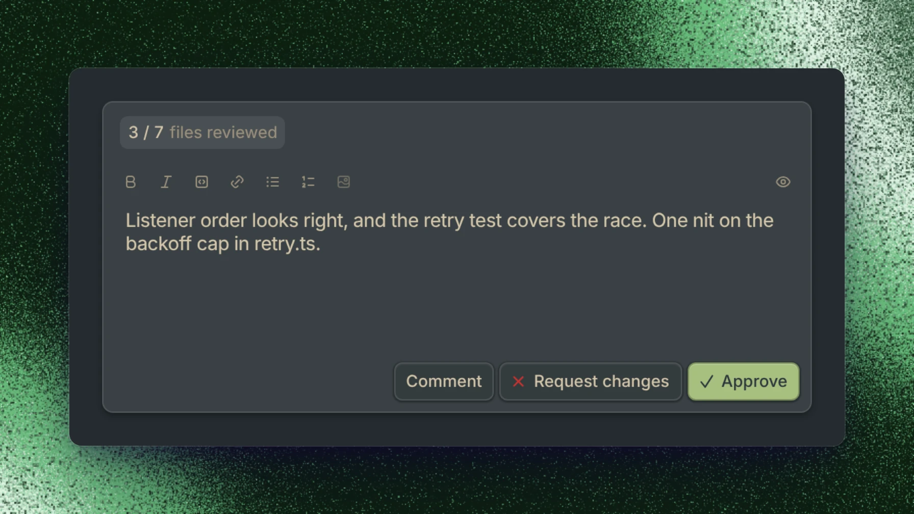 The Review popover with Comment, Request changes, and Approve