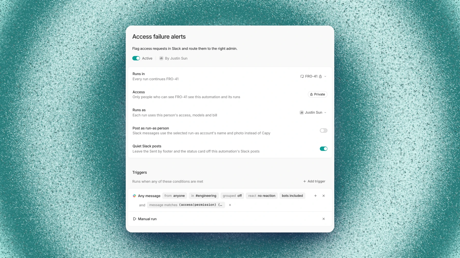An automation's editor on a private thread, with Quiet Slack posts on and a Slack trigger pattern