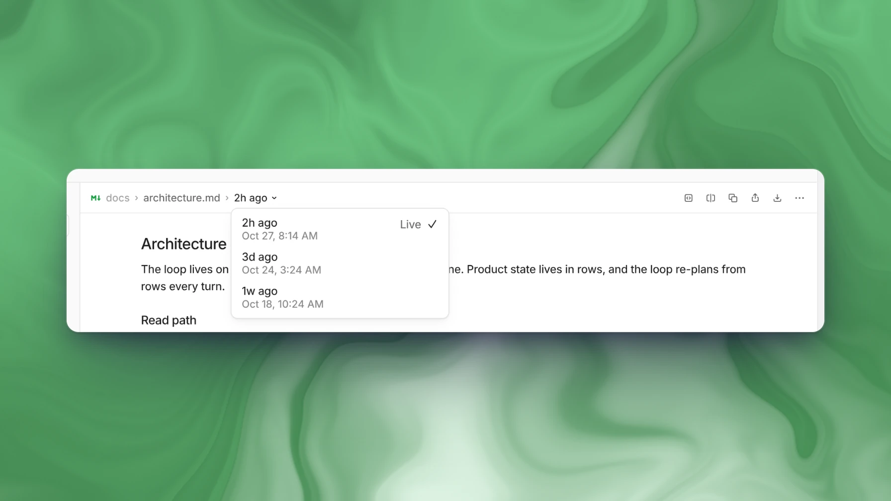 A Drive file's version menu, with the live version checked