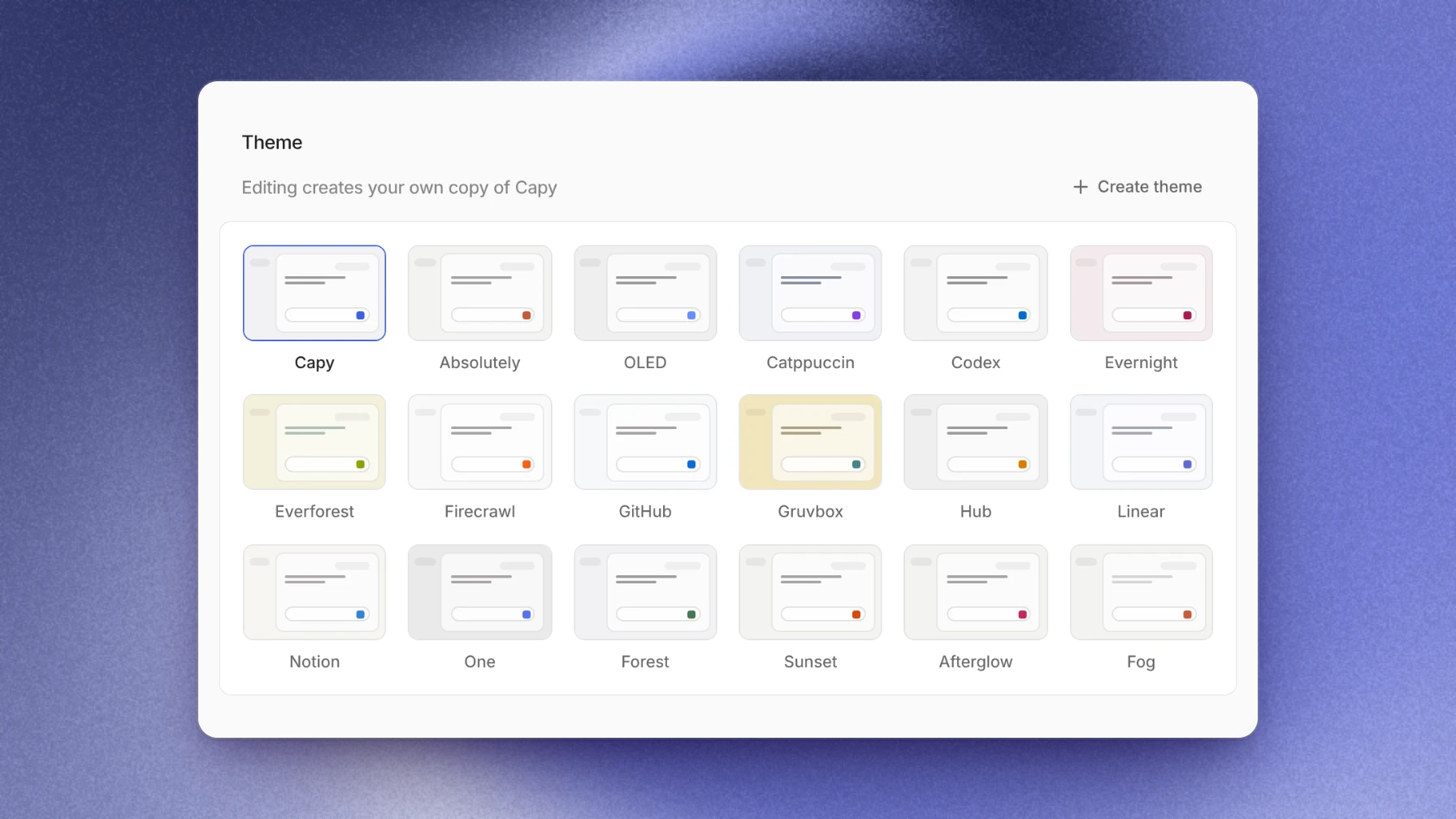The Appearance page's grid of built-in themes